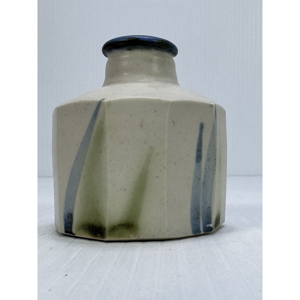 Vintage Small Hexagon Ceramic Vase Blue Rim Stamped‎ Makers Mark